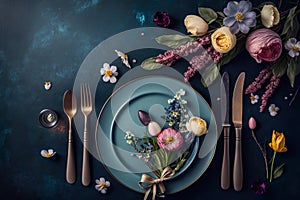 Easter Table Setting With Spring Flowers And Dark Background - Generative AI