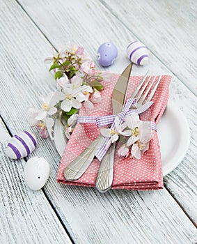 Easter table settings with fresh blossom