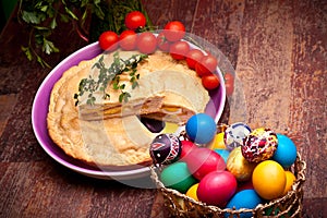 Easter Table With Stuffed Pie And Eggs