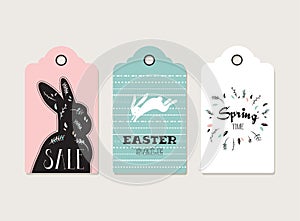 Easter tags, labels with cute bunny and flowers