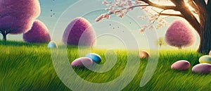 Easter theme with beautiful eggs in grass banner vector illustration as spring background. Happy Easter on blue sky