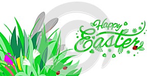 Easter theme with ears of bunny and eggs in grass and flowers, lettering Happy Easter, vector illustration.