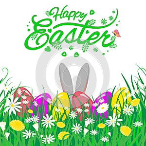 Easter theme with ears of bunny and eggs in grass and flowers, vector illustration.