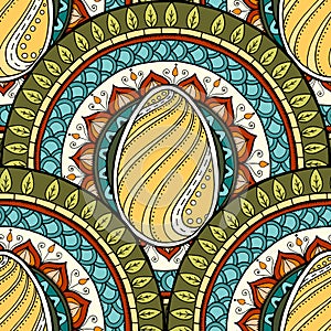 Easter theme mandala with doodle egg. Ethnic floral pattern. Henna mehndi tribal seamless background