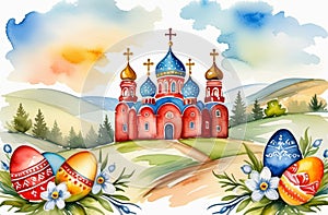 Easter theme, spring flowers and painted eggs. In the background, a church with golden domes.