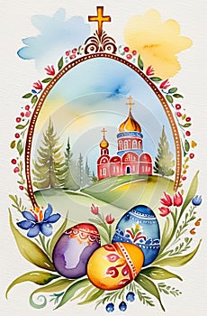 Easter theme, spring flowers and painted eggs. In the background, a church with golden domes.