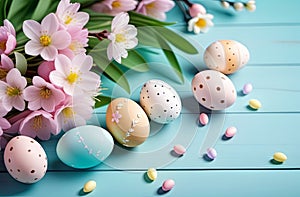 Easter theme, spring flowers and painted eggs.