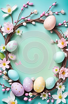 Easter theme, spring flowers and painted eggs.