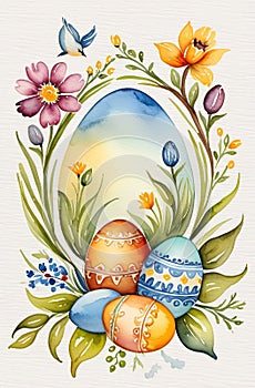 Easter theme, spring flowers and painted eggs.