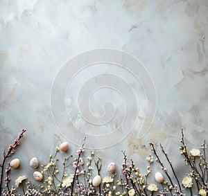 Easter themed background with bunch of eggs, fresh spring branches with flowers and buds, on pale gray painted with brushstrokes