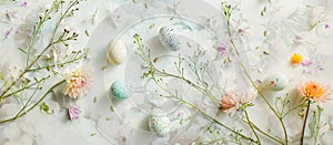 Easter themed background with bunch of eggs greenery and flowers with elegant pastel colors. Created with AI