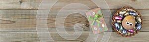 Easter themed banner. Flat lay. Preparing for holiday with children. Place for text