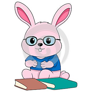 Easter themed cartoon doodle illustration, bookish student rabbit sitting with lots of books photo