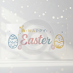 Easter-themed design featuring stylized eggs in blue and yellow with decorative
