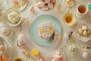Easter-themed flat lay with pastel decorations, painted eggs, cupcakes, and teacups on a cream background