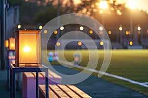 A easter themed soccer stadium at dawn, the early morning light casting a serene glow.