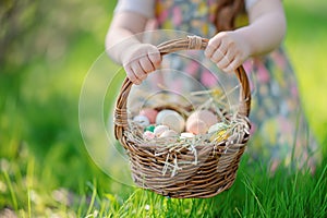 Easter tradition: little girl holds basket, searching for eggs on green meadow