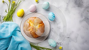 Easter tradition: Top view of a festive table featuring cake, eggs, and spring flowers