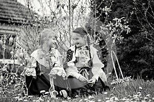 Easter traditional folk costumes in Slovakia, Europe monochrome