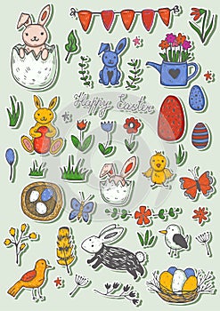 Easter traditional symbols collection - eggs, bunny, willow twigs, basket