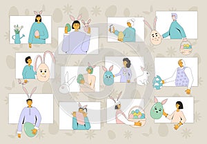 Easter traditions exchange gifts online. People with eggs, bunny ears celebration spring holiday together from afar. Vector flat