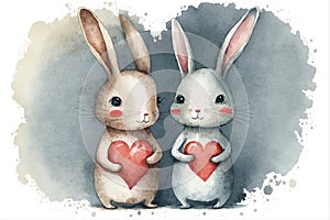 Easter or valentines bunnies watercolor illustration.