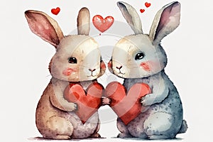 Easter or valentines bunnies watercolor illustration.