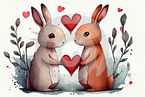 Easter or valentines bunnies watercolor illustration.