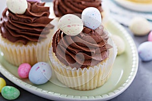 Easter vanilla cupcakes with chocolate frosting