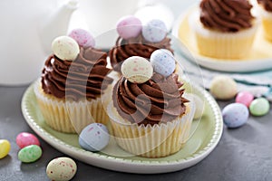 Easter vanilla cupcakes with chocolate frosting