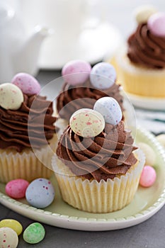 Easter vanilla cupcakes with chocolate frosting