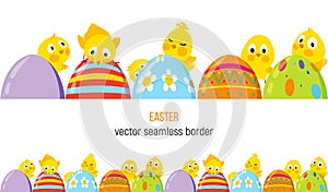 Easter vector border with cute chicks and eggs