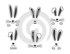 Easter vector bunny hand drawn, face of rabbits. Ears and muzzle with whiskers, paws. Animal illustration