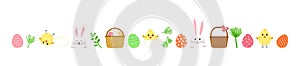 Easter vector cute set, cartoon rabbit and egg hunt, spring basket, chick with shell, happy bunny. Holiday illustration