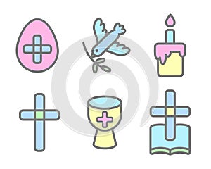 Easter vector icons. Christian religious outline color symbols of cross bible cake bird and cup isolated on white