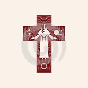 Easter vector illustration. The Risen Christ on the background of the cross.