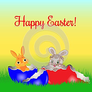 Easter vector illustration, two little bunny sitting in painted