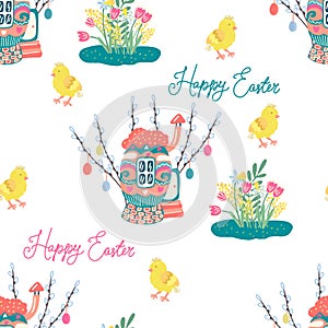 Easter vector seamless pattern with little chickens, cozy egg houses .