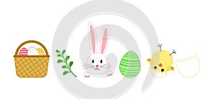 Easter vector set, cartoon rabbit, bunny and egg hunt, spring basket, chick with shell. Holiday illustration