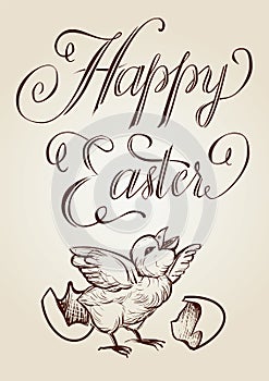 Easter vector vintage hand drawn illustration with lettering and the newly hatched chick.