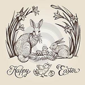 Easter vintage hand drawn illustration. Happy Easter vector card design with bunnies and flowers.