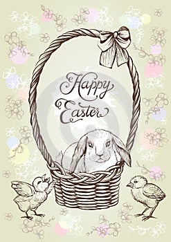 Easter vintage vector card. Hand drawn rabbit in the basket with bow and chickens.