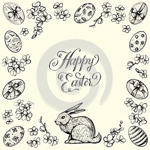 Easter vintage vector frame. Hand drawn illustrations of bunny, eggs, and flowers. Happy Easter calligraphy.