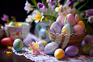 Easter violet colored eggs with spring flowers generative ai