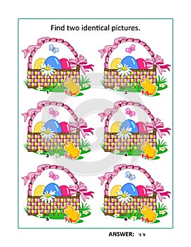 Easter visual puzzle. Find two identical pictures with basket, painted eggs, chick, fresh green grass, flowers and butterflies.
