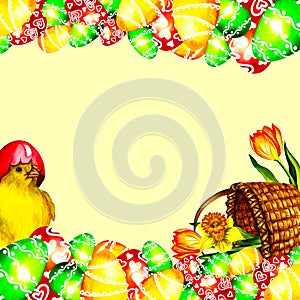 Easter watercolor frame banner with chicken, basket, Easter eggs and flowers. On a yellow background. Watercolor.