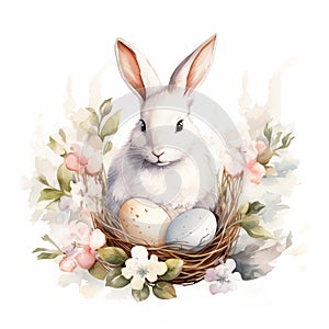 Easter watercolor illustration with adorable rabbit