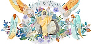 Easter watercolor illustration: cave, Risen Jesus Christ blesses, angels, flower wreath, inscription `Christ is Risen!` Easter c