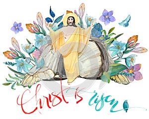 Easter watercolor illustration: cave, Risen Jesus Christ blesses, flower wreath, inscription `Christ is Risen!` Easter card