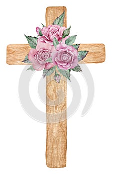 Easter watercolor natural illustration with a wooden cross with pink roses for beautiful Holiday design.